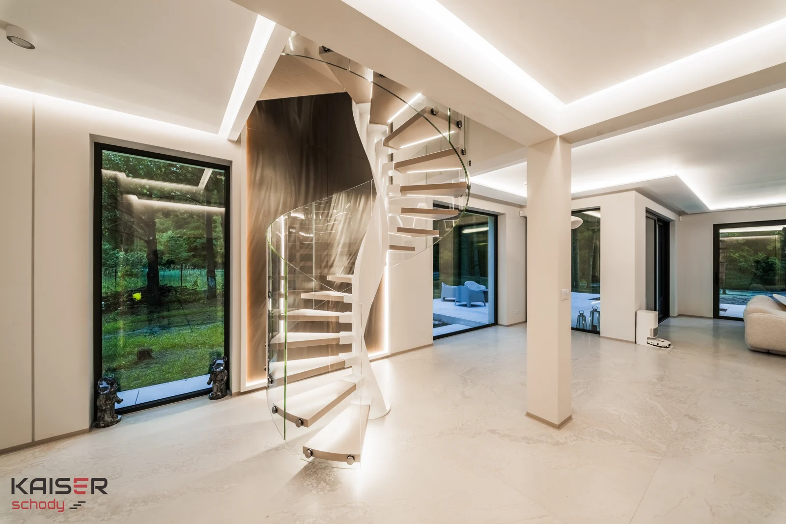 Light-coloured spiral staircase with a glass balustrade — view 10